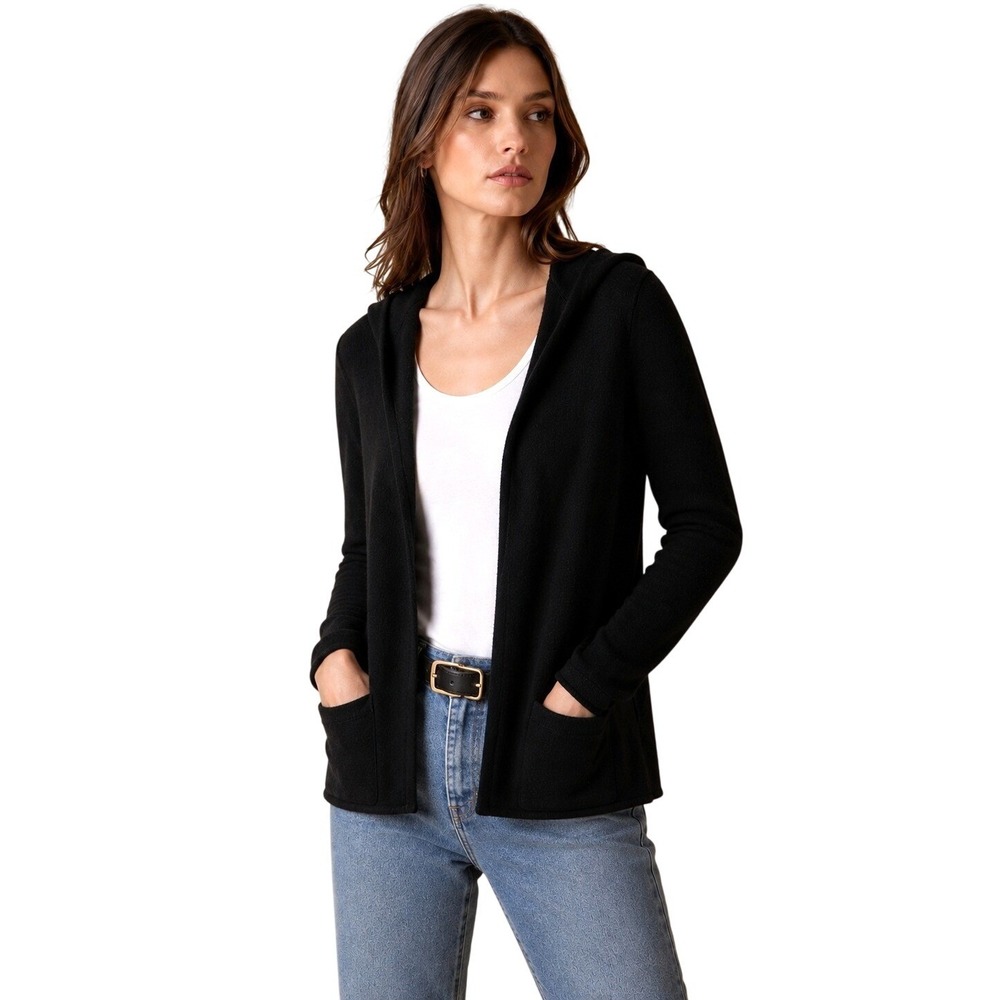 Saks Fifth Avenue 100% Cashmere Hooded Open Front Cardigan Sweater Black XS‎ - Picture 4 of 9
